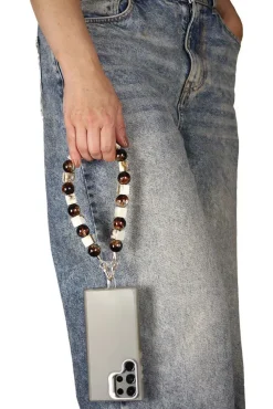 Square & Ball Style Acrylic Phone Strap - White & Brown by Goddiva Accessories