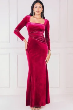 Square Neck Gathered Waist Velvet Maxi - Burgundy by Goddiva