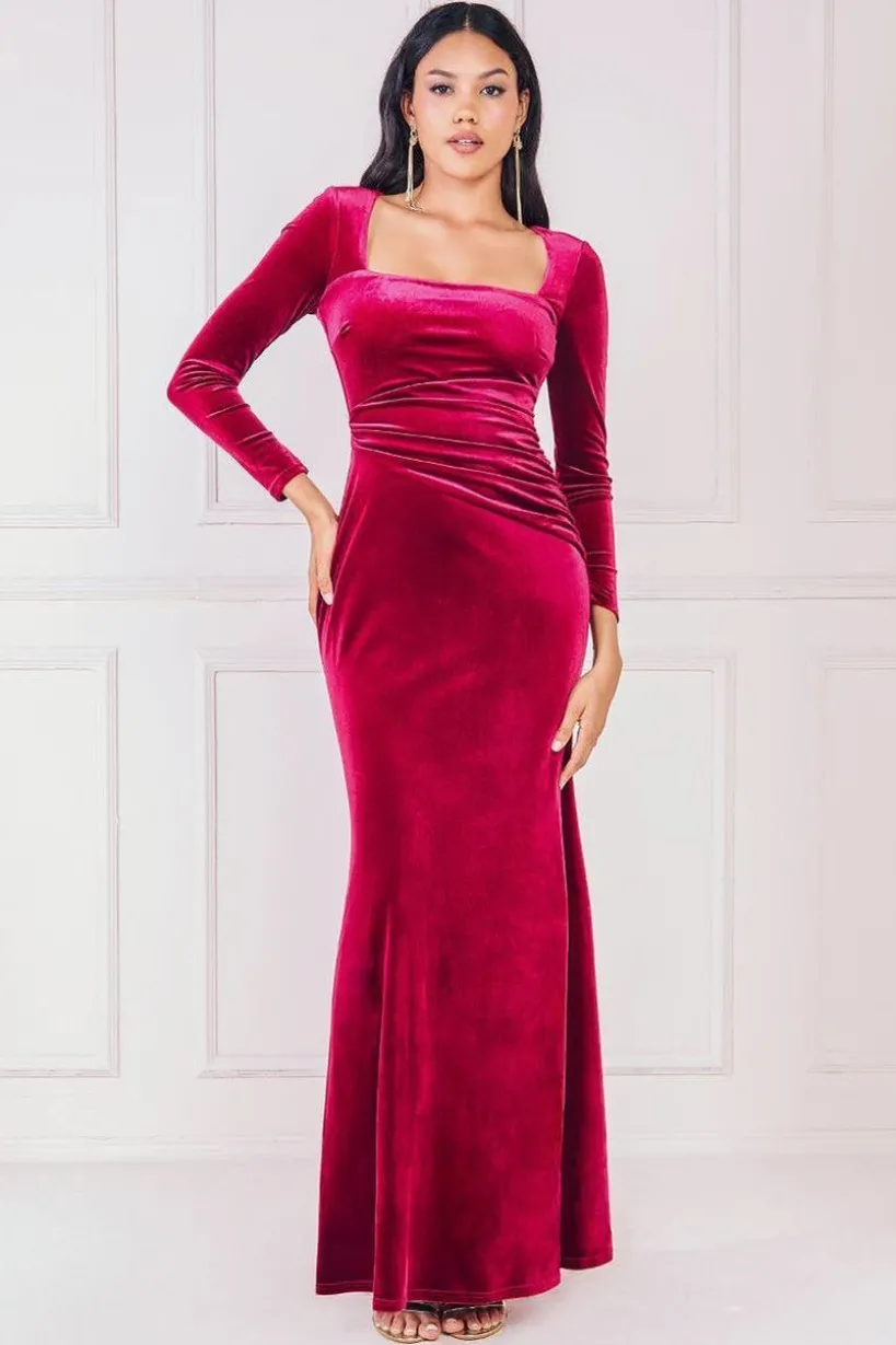 Square Neck Gathered Waist Velvet Maxi - Burgundy by Goddiva