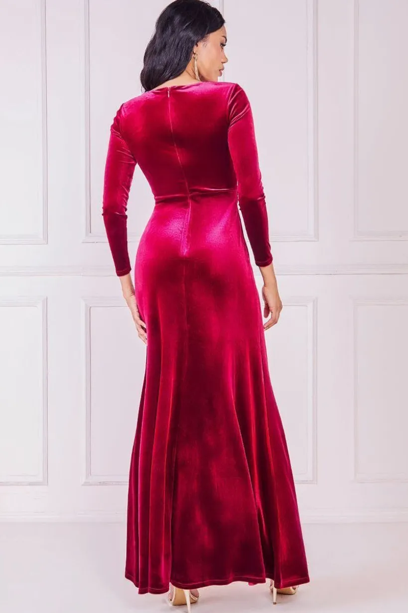 Square Neck Gathered Waist Velvet Maxi - Burgundy by Goddiva