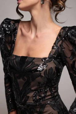 Square Neck Scalloped Embroidered Sequin Midi Dress - Black by Goddiva