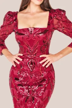 Square Neck Scalloped Embroidered Sequin Midi Dress - Wine by Goddiva