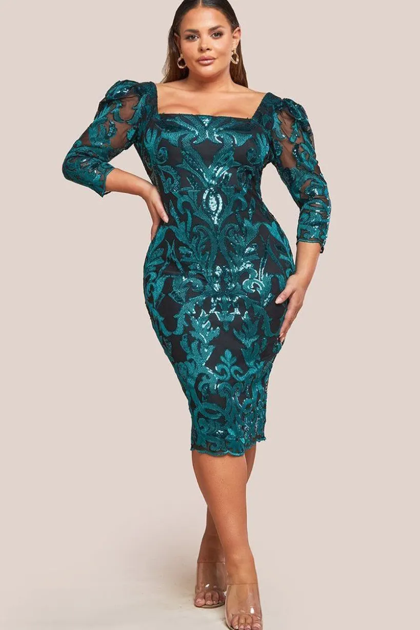 Square Neck Scalloped Embroidered Sequin Midi Dress - Emerald Green by Goddiva Plus
