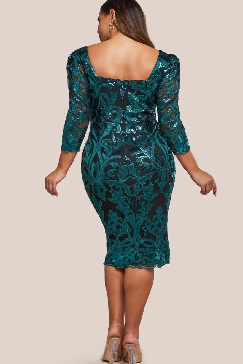 Square Neck Scalloped Embroidered Sequin Midi Dress - Emerald Green by Goddiva Plus