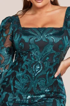 Square Neck Scalloped Embroidered Sequin Midi Dress - Emerald Green by Goddiva Plus