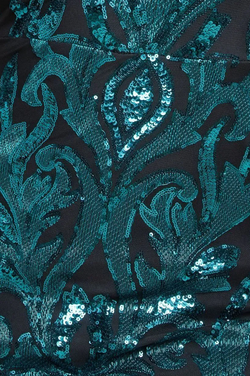 Square Neck Scalloped Embroidered Sequin Midi Dress - Emerald Green by Goddiva Plus