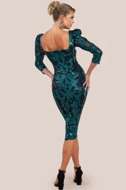 Square Neck Scalloped Embroidered Sequin Midi Dress - Emerald Green by Goddiva