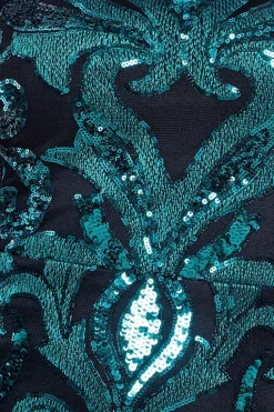 Square Neck Scalloped Embroidered Sequin Midi Dress - Emerald Green by Goddiva