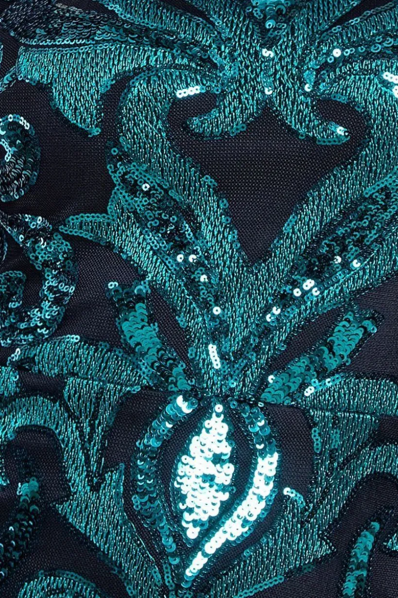 Square Neck Scalloped Embroidered Sequin Midi Dress - Emerald Green by Goddiva