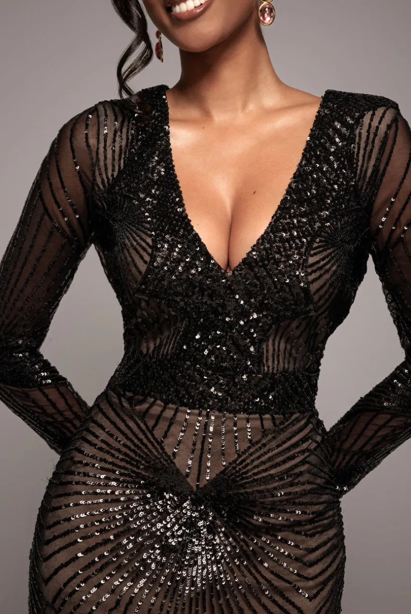 Starburst Sequin Maxi Dress - Black by Goddiva