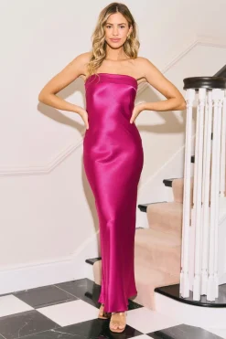 Strapless Folded Bust Satin Maxi Dress by Urban Touch