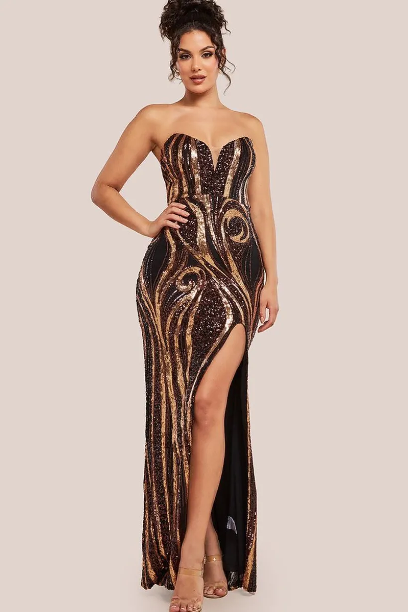Strapless Multi Sequin Maxi Dress - Bronze by Goddiva
