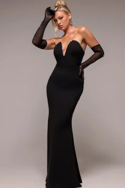 Strapless Super Plunge Diamante Neck Maxi Dress - Black by Goddiva