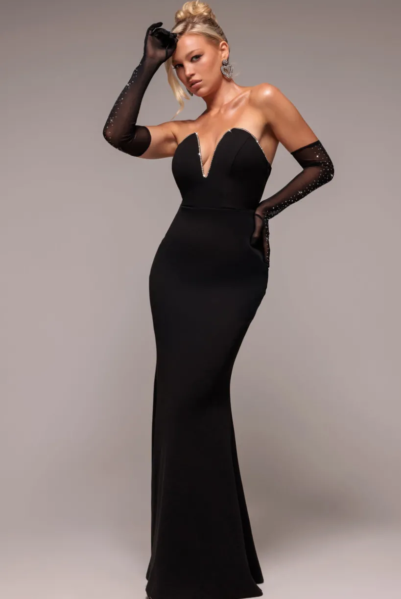 Strapless Super Plunge Diamante Neck Maxi Dress - Black by Goddiva