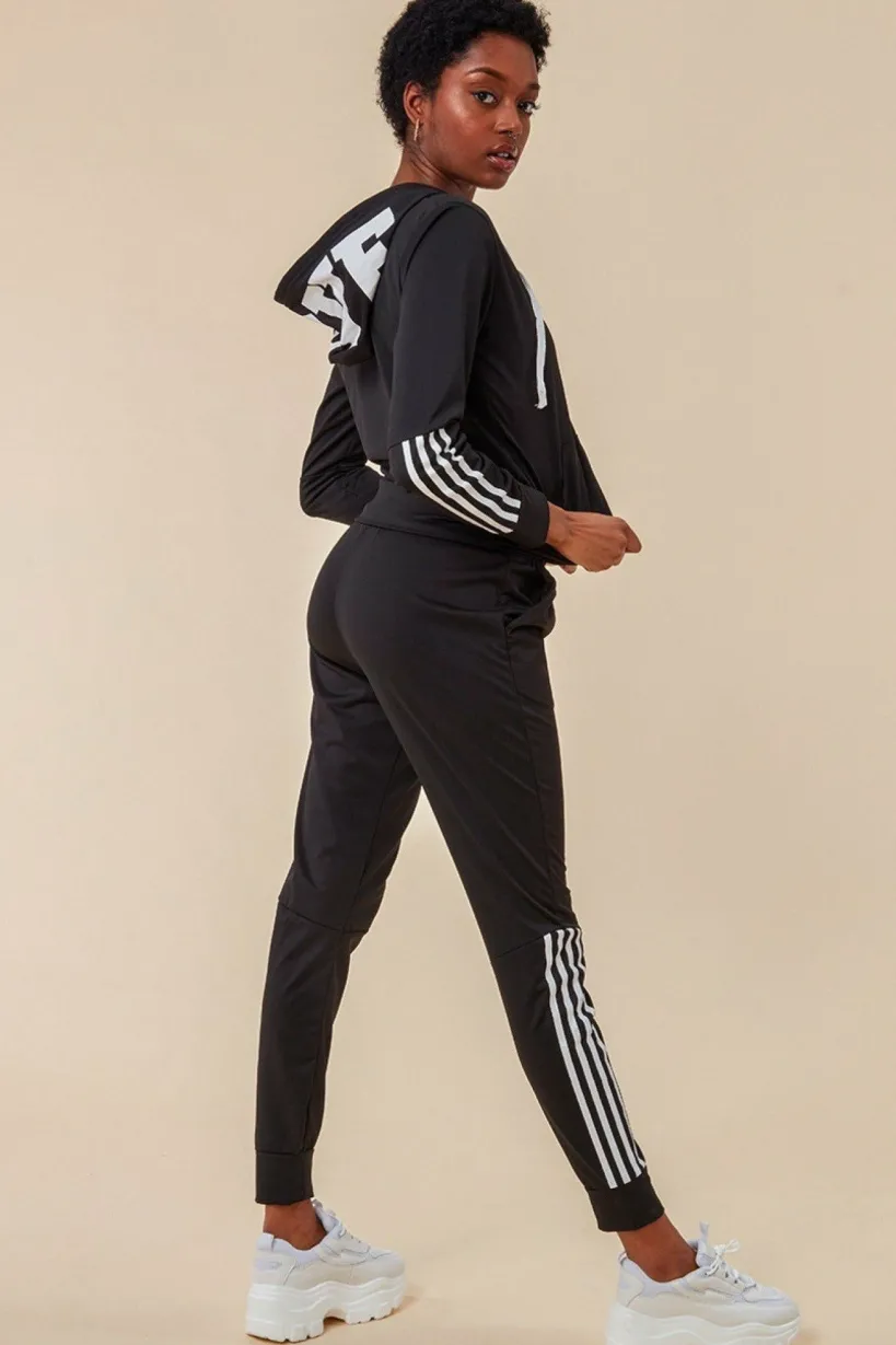 Stripe Detail Hooded Tracksuit Set - Black by Cosmochic