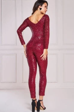 Stripe Sequin Jumpsuit - Wine by Goddiva