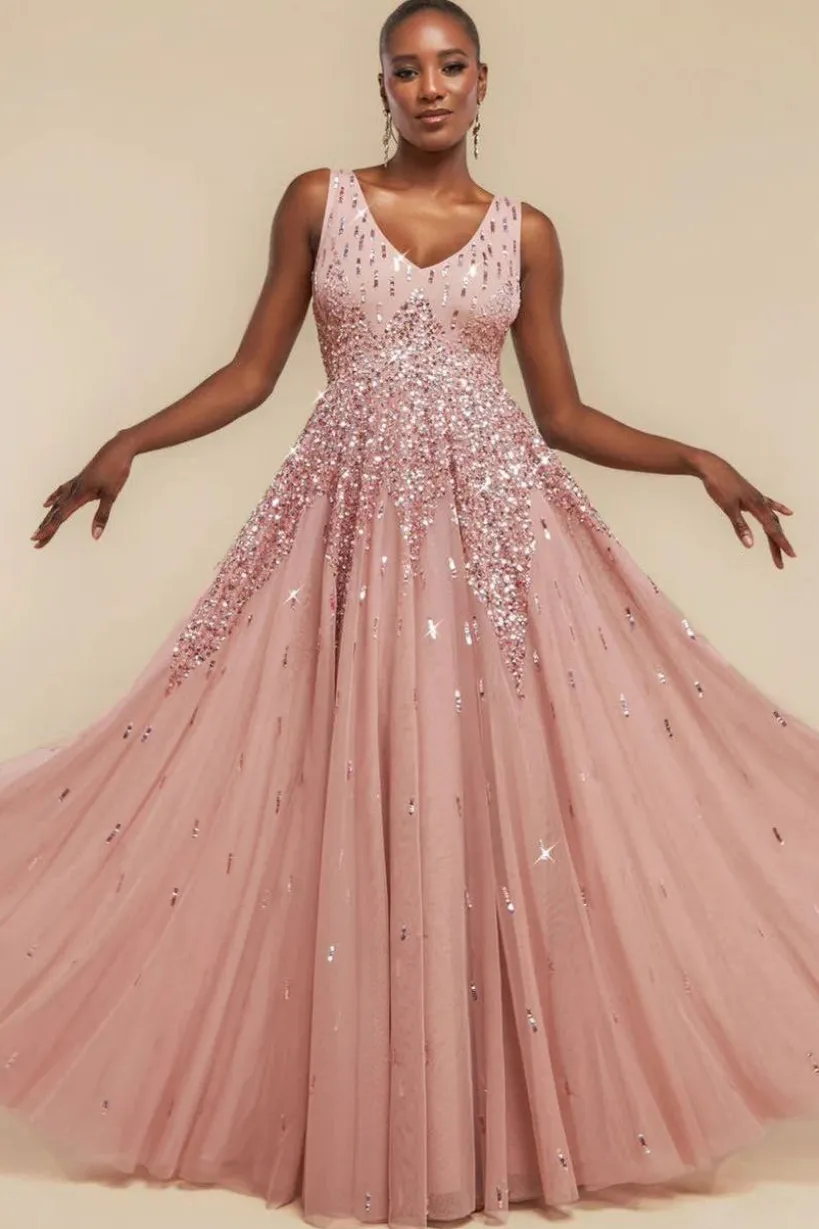 Sunray Hand Embellished Sequin A-Line Sleeveless Maxi Dress - Blush Pink by Goddiva