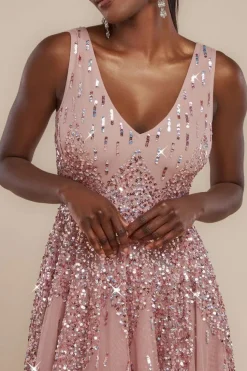 Sunray Hand Embellished Sequin A-Line Sleeveless Maxi Dress - Blush Pink by Goddiva