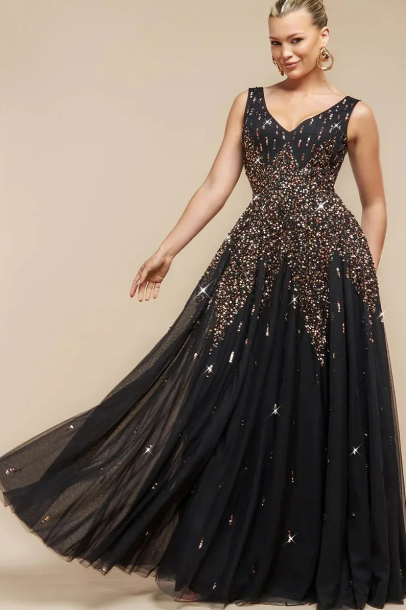 Sunray Hand Embellished Sequin A-Line Sleeveless Maxi Dress - Black by Goddiva
