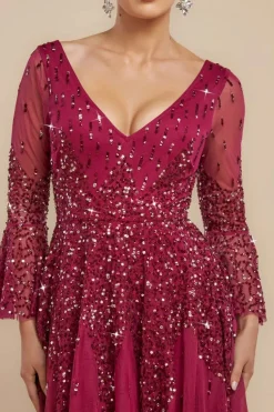 Sunray Hand Embellished Sequin A-Line Bell Sleeve Maxi Dress - Burgundy by Goddiva