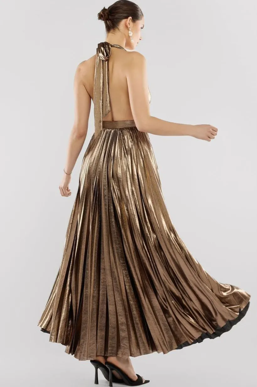 Sunrise Foil Halterneck A-Line Maxi Dress - Bronze by Goddiva