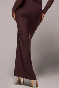 Super Split Front Drawstring Maxi Skirt - Brown by Goddiva