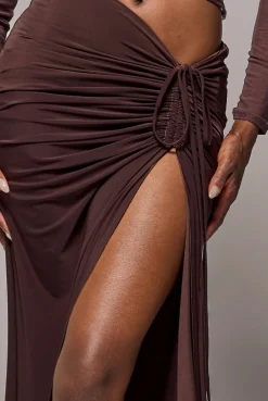 Super Split Front Drawstring Maxi Skirt - Brown by Goddiva