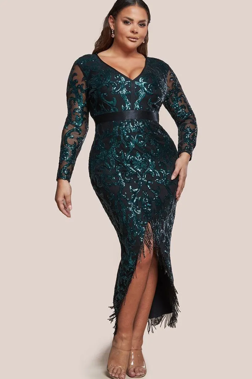 Tassel & Sequin Midaxi With Front Split - Emerald Green by Goddiva Plus