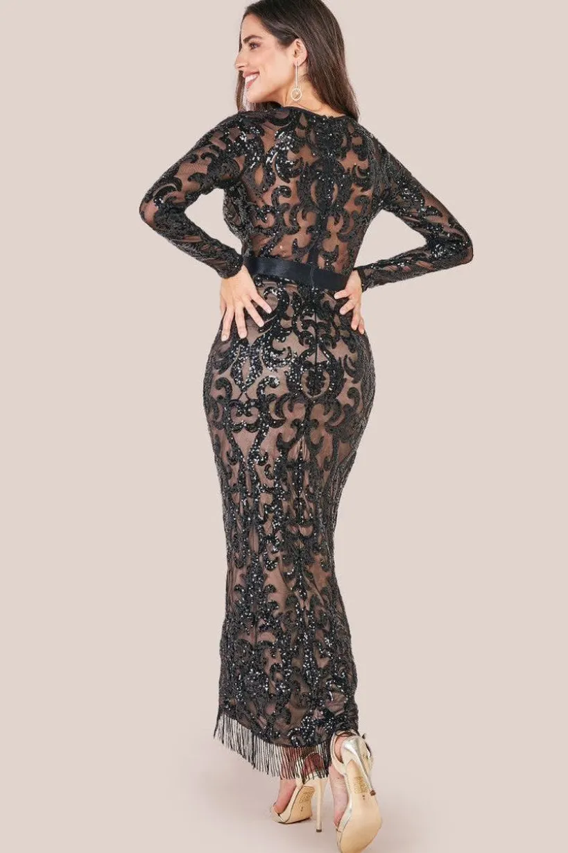 Tassel & Sequin Midaxi With Front Split - Black by Goddiva