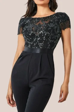 Tassel Sequin Jumpsuit - Black by Goddiva