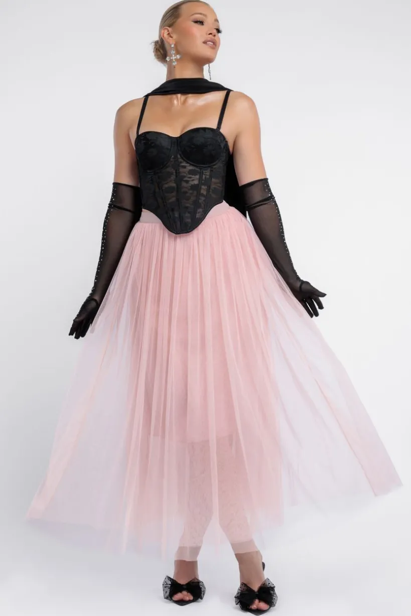 Textured Floral Mesh Corset Tulle Gathered Midaxi Skirt Jersey Scarf & Diamante Embellished Mesh Gloves by Goddiva