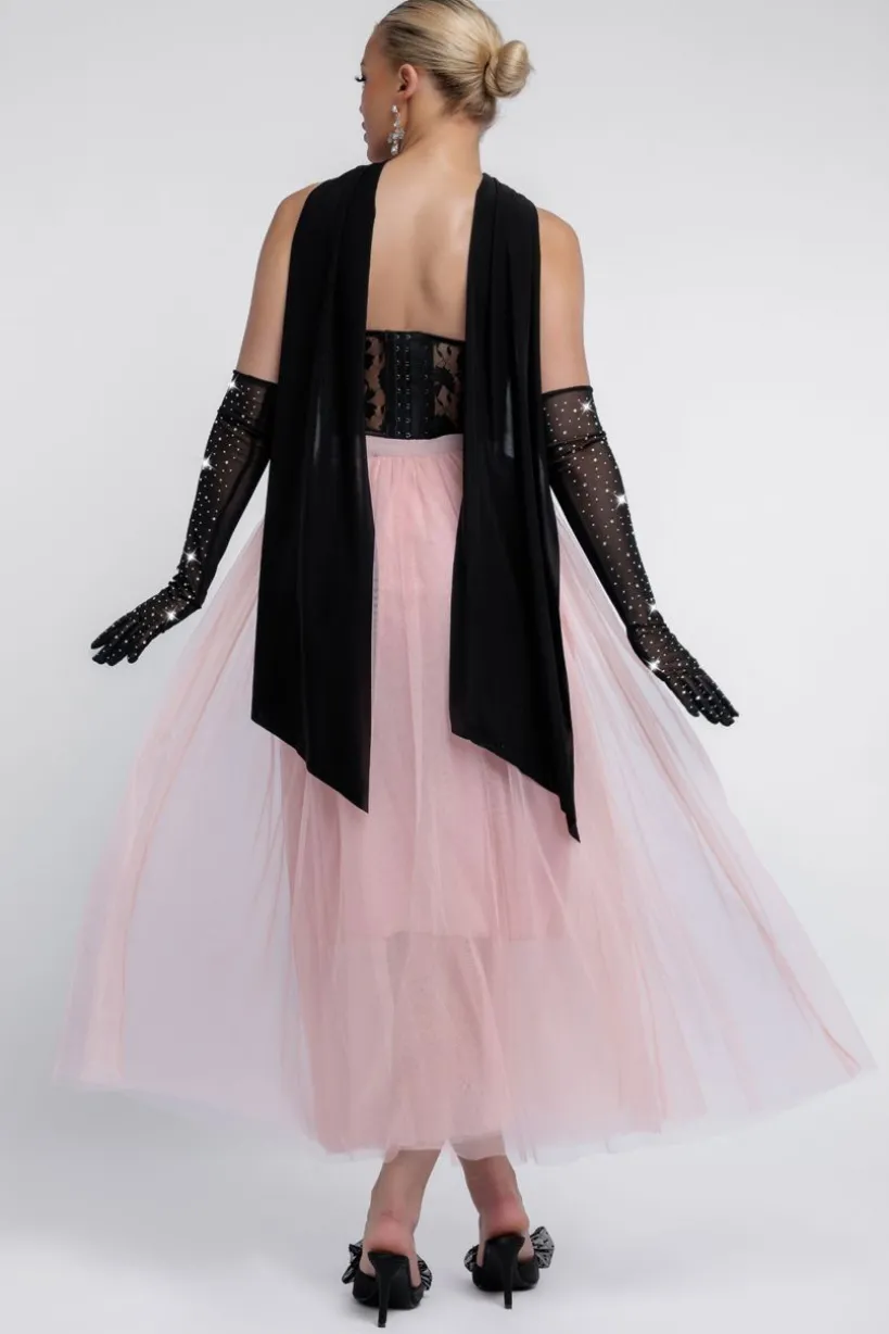 Textured Floral Mesh Corset Tulle Gathered Midaxi Skirt Jersey Scarf & Diamante Embellished Mesh Gloves by Goddiva