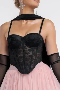 Textured Floral Mesh Corset Tulle Gathered Midaxi Skirt Jersey Scarf & Diamante Embellished Mesh Gloves by Goddiva