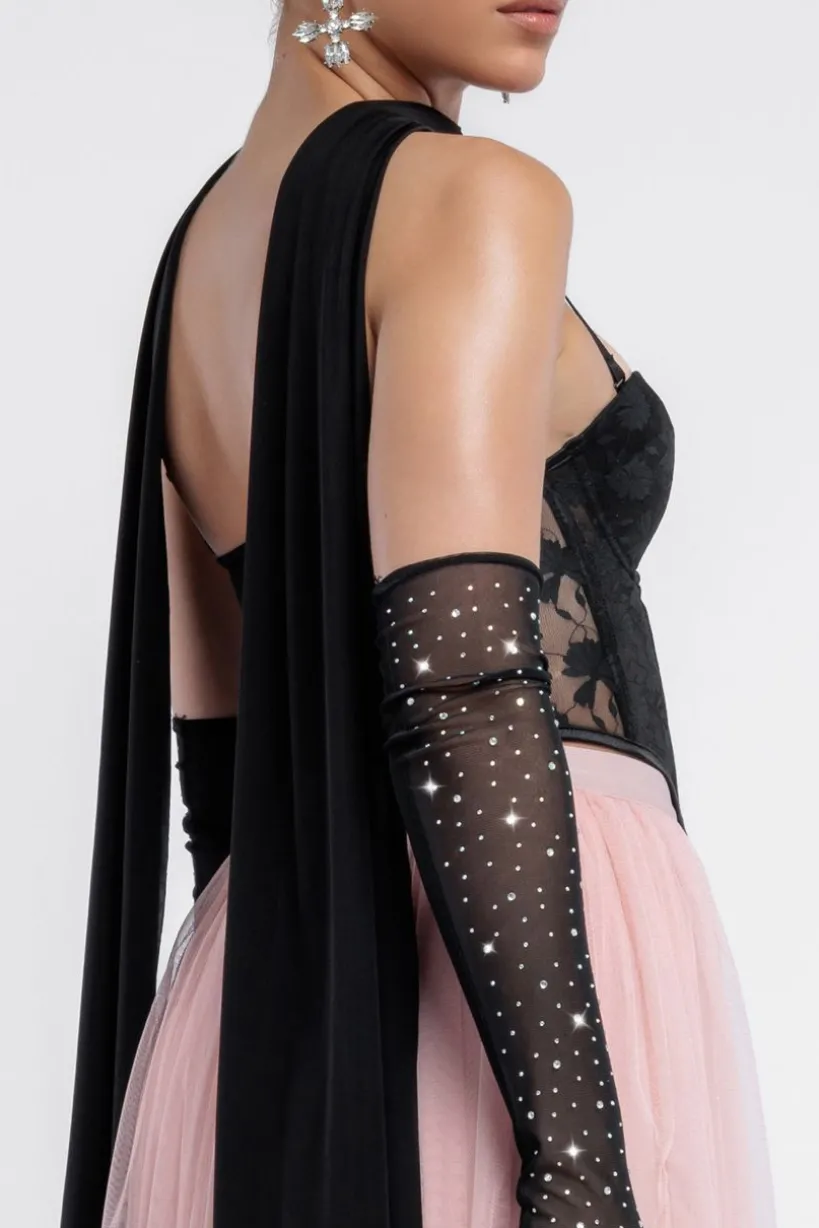 Textured Floral Mesh Corset Tulle Gathered Midaxi Skirt Jersey Scarf & Diamante Embellished Mesh Gloves by Goddiva