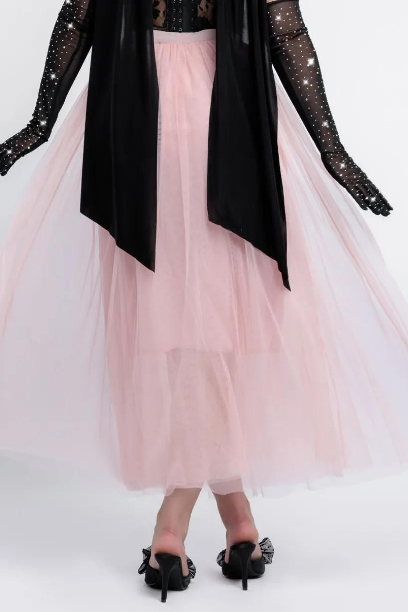 Textured Floral Mesh Corset Tulle Gathered Midaxi Skirt Jersey Scarf & Diamante Embellished Mesh Gloves by Goddiva