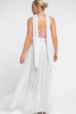 Textured Floral Mesh Corset Gathered A-Line Glitter Chiffon Maxi Skirt With Jersey Scarf & Diamante Embellished Mesh Gloves - Blush & Cream by Goddiva