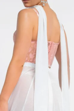 Textured Floral Mesh Corset Gathered A-Line Glitter Chiffon Maxi Skirt With Jersey Scarf & Diamante Embellished Mesh Gloves - Blush & Cream by Goddiva