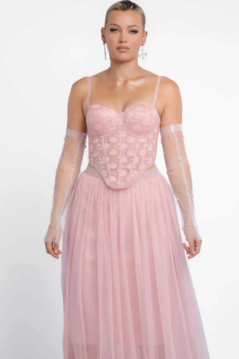 Textured Floral Mesh Corset Tulle Gathered Midaxi Skirt With Jersey Scarf & Embellished Fingerless Mesh Gloves - Blush by Goddiva