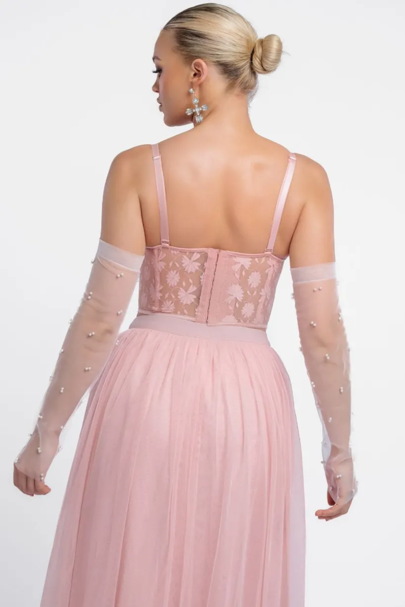 Textured Floral Mesh Corset Tulle Gathered Midaxi Skirt With Jersey Scarf & Embellished Fingerless Mesh Gloves - Blush by Goddiva