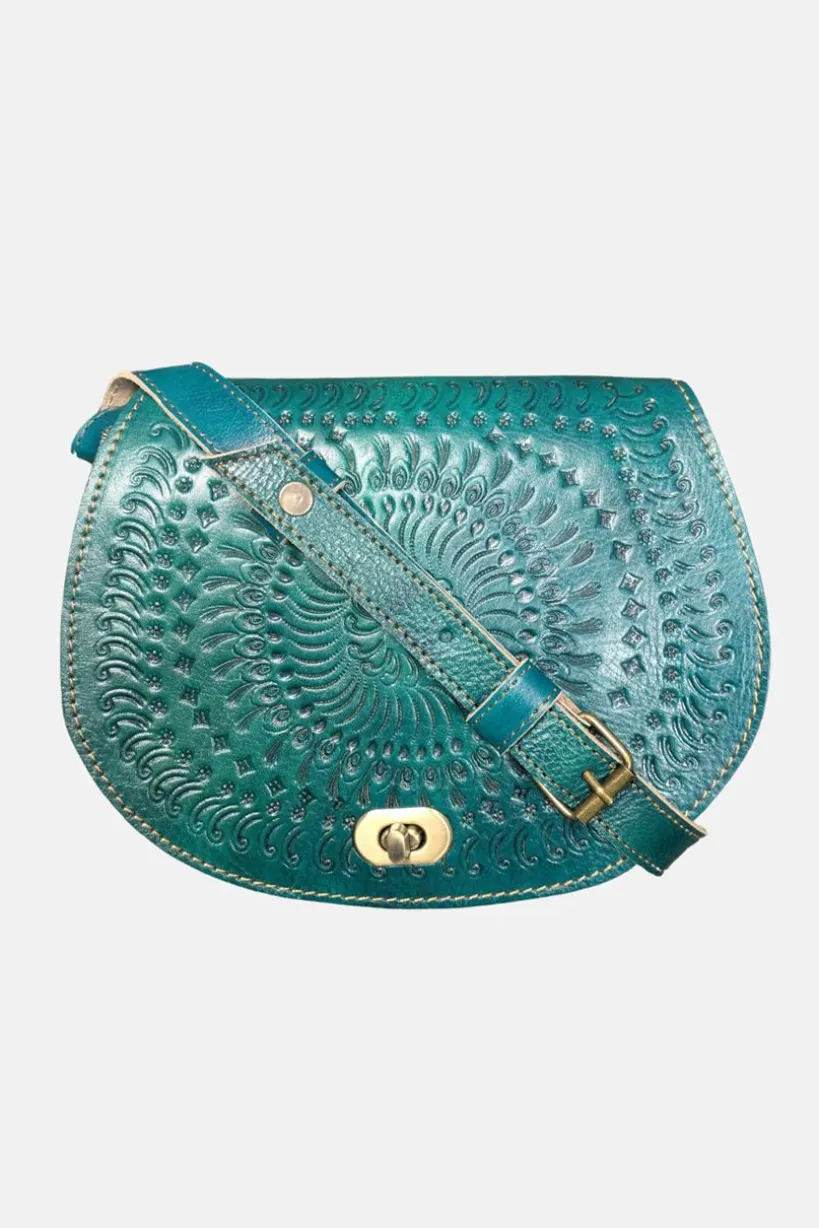 The Temara Embossed Saddle Bag In Teal by Berber Leather
