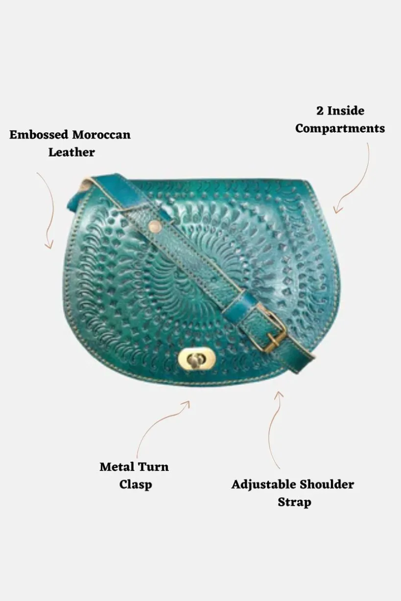 The Temara Embossed Saddle Bag In Teal by Berber Leather