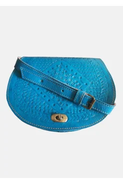 The Temara Embossed Saddle Bag In Bright Blue by Berber Leather