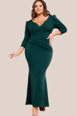 Three-Quarter Faux Wrap Neck Maxi Dress - Emerald Green by Goddiva Plus