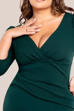 Three-Quarter Faux Wrap Neck Maxi Dress - Emerald Green by Goddiva Plus