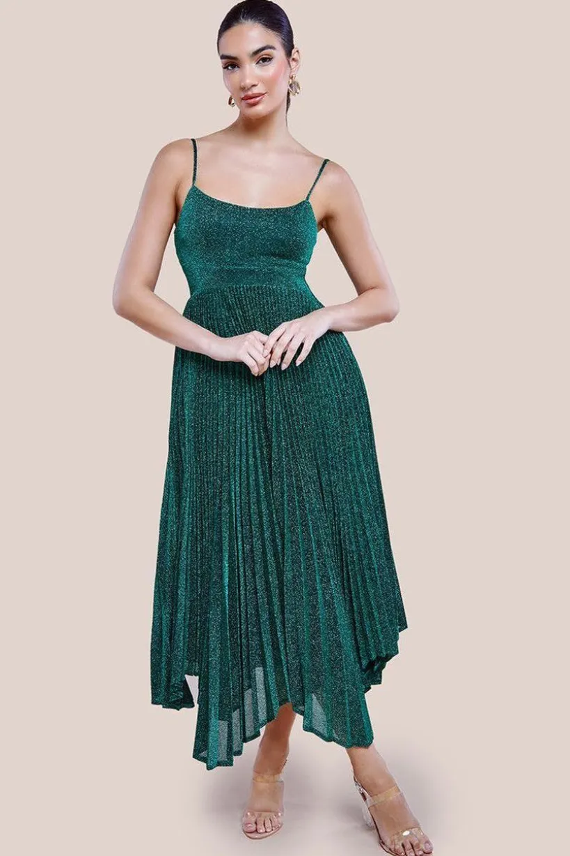 Tie Back Pleated Lurex Skater Midi Dress - Emerald by Goddiva