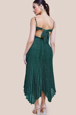 Tie Back Pleated Lurex Skater Midi Dress - Emerald by Goddiva