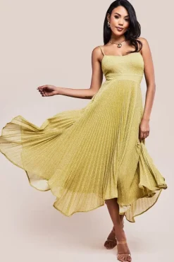 Tie Back Pleated Lurex Skater Midi Dress - Gold by Goddiva