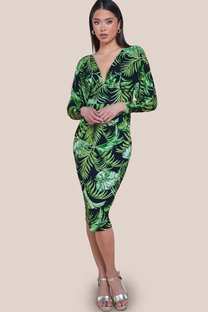 Tropical Print Midi With Batwing Sleeves - Green by Goddiva