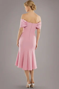 Twist Knot Satin & Scuba Bardot High Low Midi Dress - Blush Pink by Goddiva