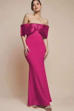 Twist Knot Satin & Scuba Bardot Maxi Dress - Magenta by Goddiva